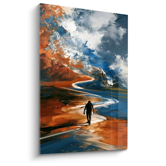 Tableau Randonneur noir sur chemin orange et bleu sinueux - Ombre portée longue - Edition Randonnée