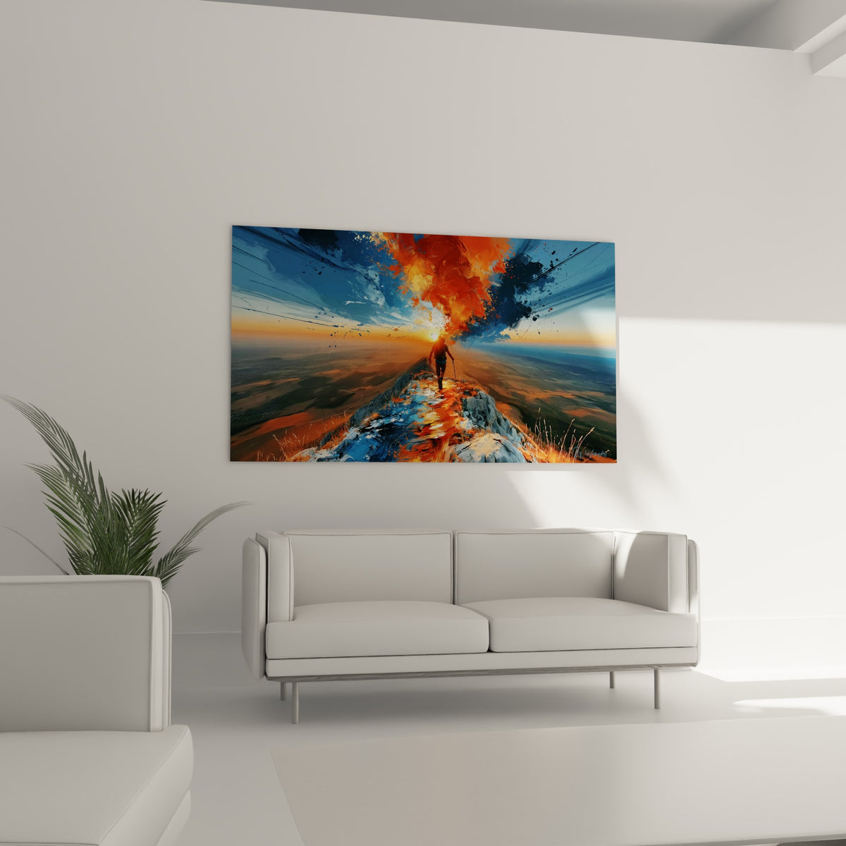 Marcheur sur sentier rocheux entre touches ocre et bleu marine, au-dessus d'un canapé dans un salon lumineux