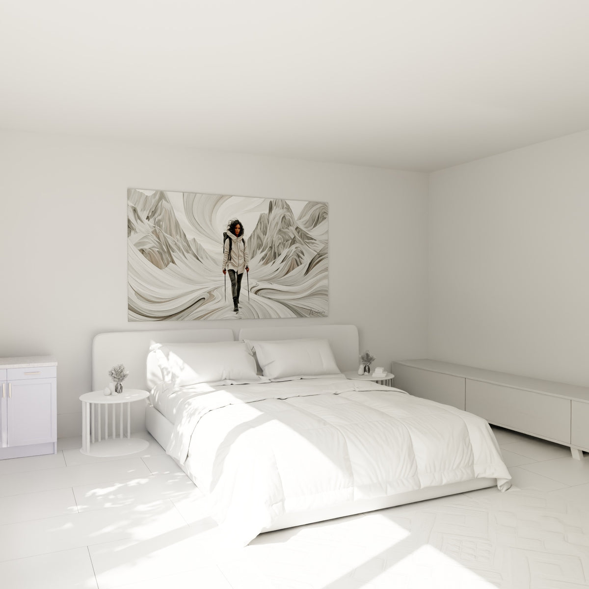 Marcheuse aux bâtons noirs traversant un décor gris et blanc tourbillonnant, au-dessus d'un lit dans une chambre claire