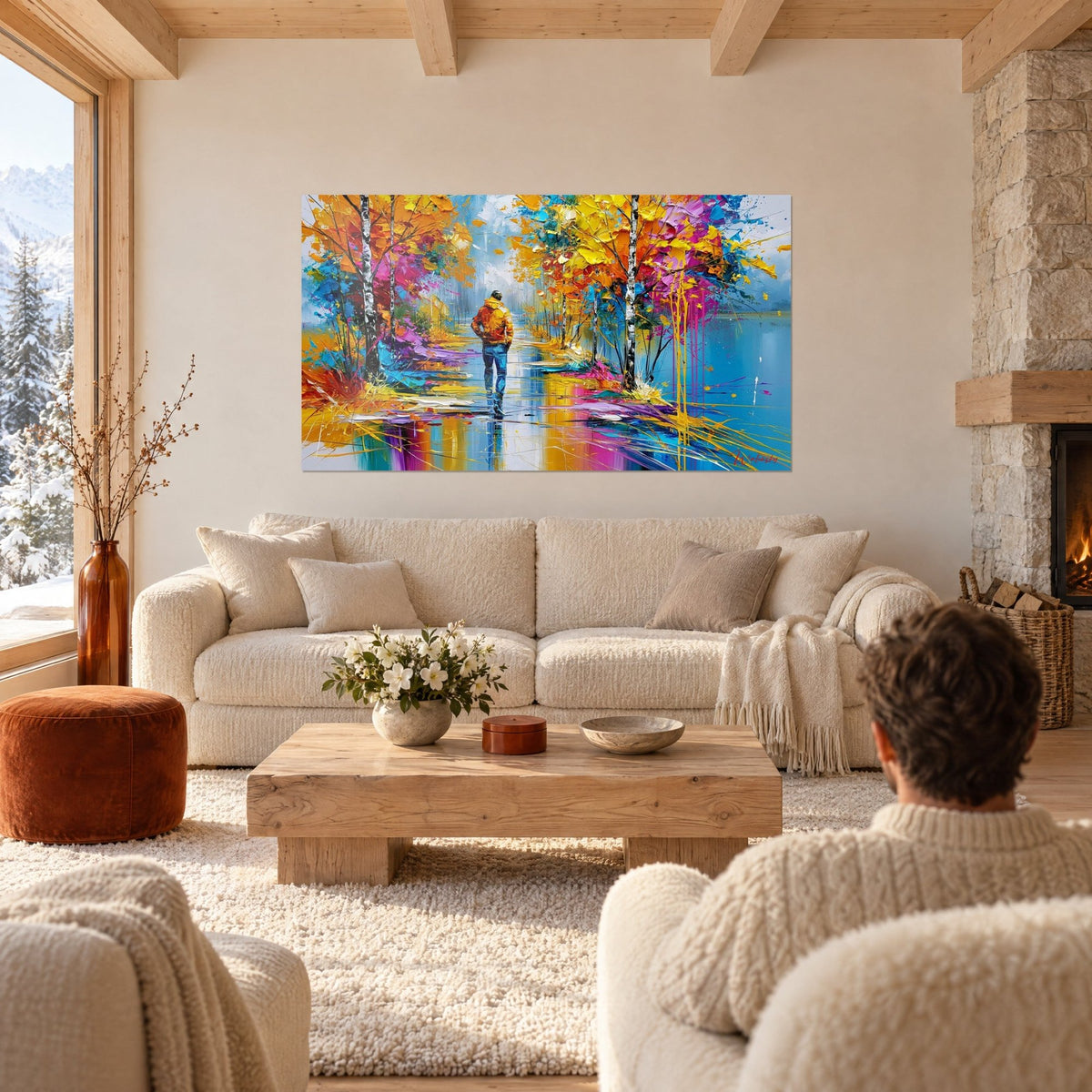 Tableau marcheur en blouson orange sur un chemin reflétant l'eau, bouleaux jaunes et roses, au-dessus d'un canapé dans un salon lumineux