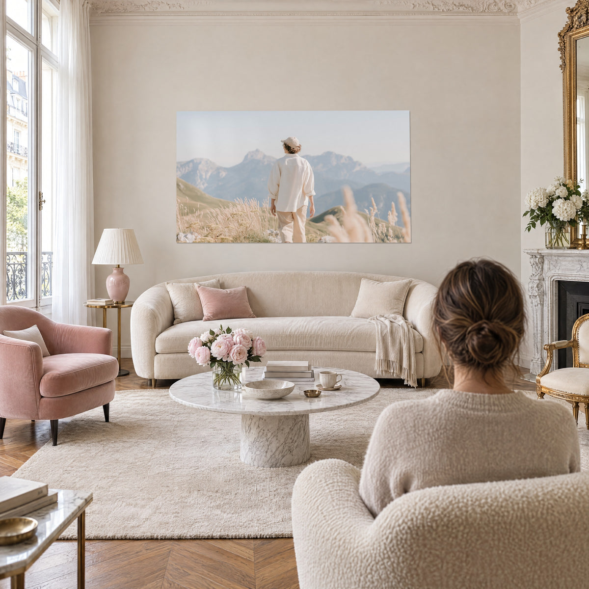 Schilderij van een wandelaar in beige linnen overhemd tegenover blauwige bergen, gouden grassen, boven een bank in een lichte woonkamer