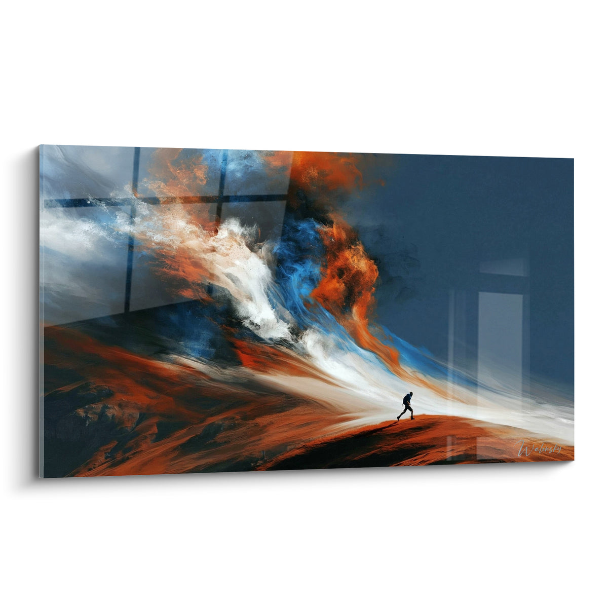 Wall art lone hiker climbing a terracotta ridge facing an orange and navy blue plume