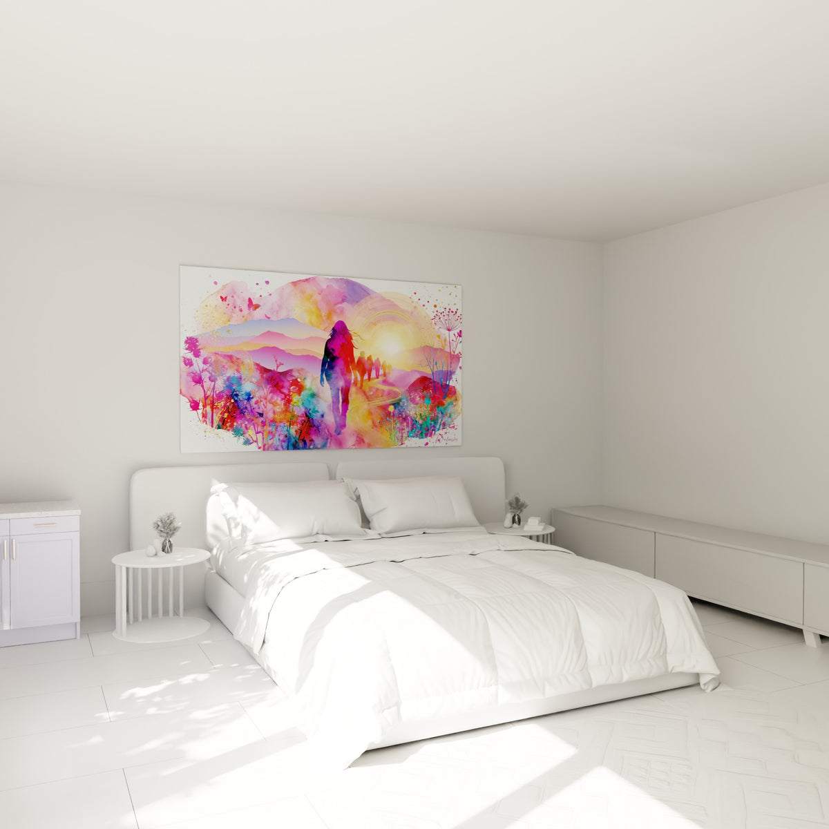Marcheuse fuchsia et turquoise avançant vers le soleil, au-dessus d'un lit dans une chambre claire