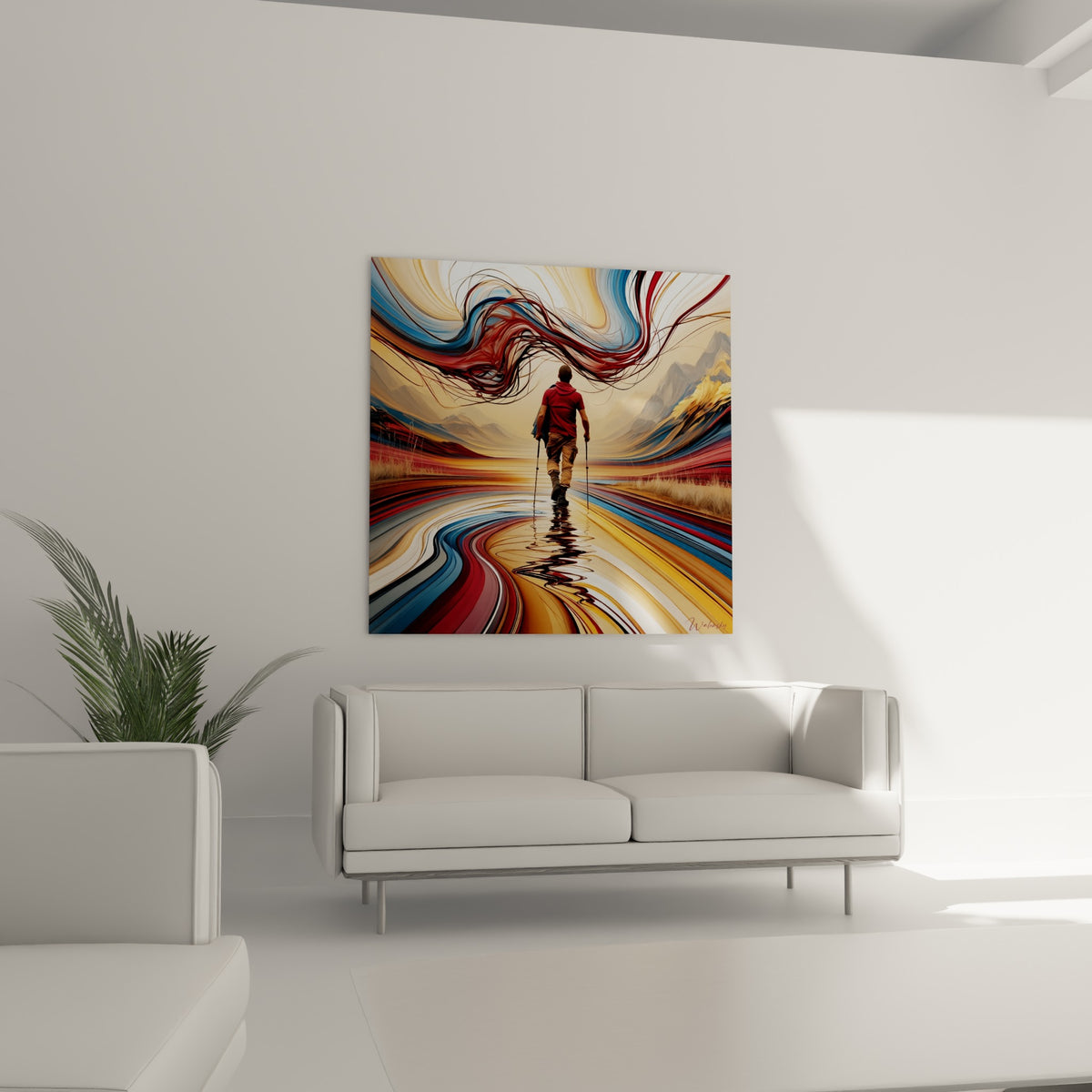 Silhouette en marche vers l'horizon doré, lignes bleu marine entrelacées, au-dessus d'un canapé dans un salon lumineux
