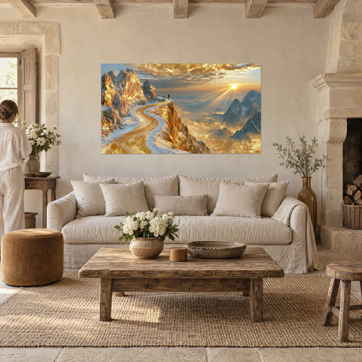 Tableau sentier d'or sinueux vers un sommet neigeux, ciel ambre et bleu, au-dessus d'un canapé dans un salon lumineux