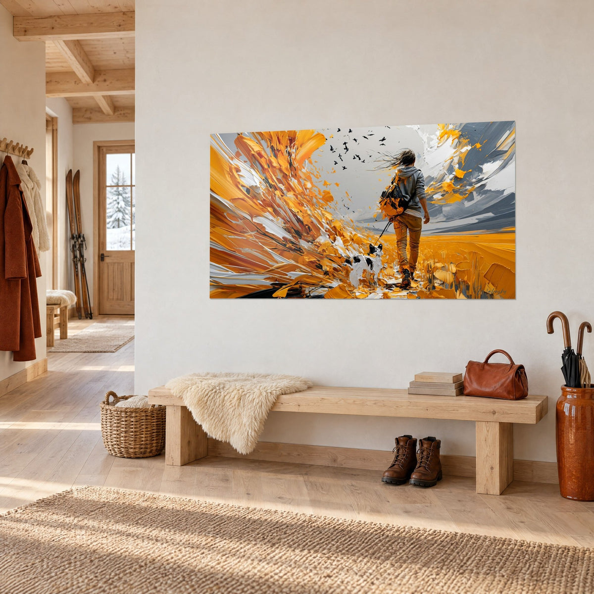 Tableau marcheur au sac à dos orangé dans un tourbillon de pâte jaune safran et gris ardoise, vue de trois-quarts dans un chalet