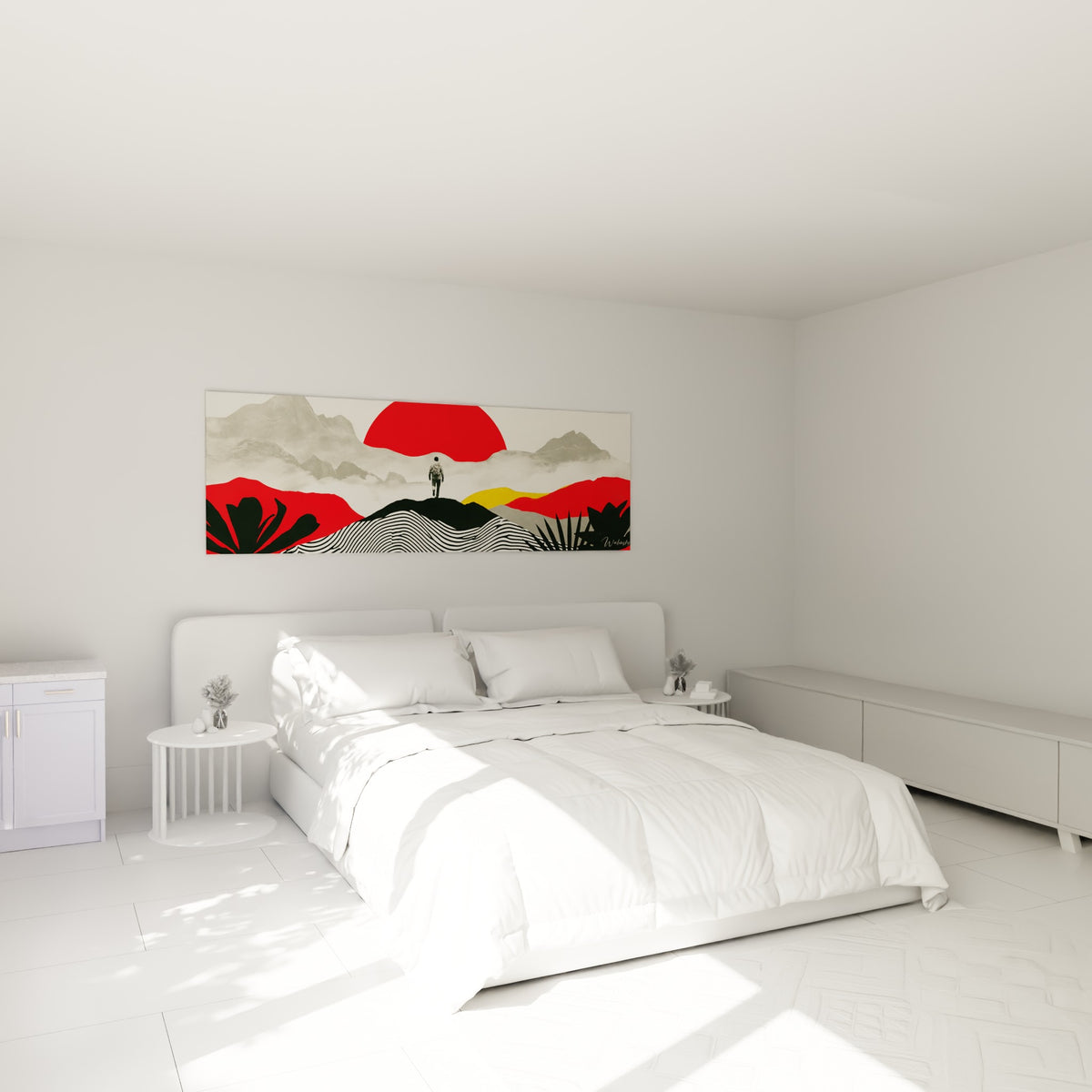Marcheur solitaire face au soleil rouge éclatant, accroché au-dessus d'un lit dans une chambre claire