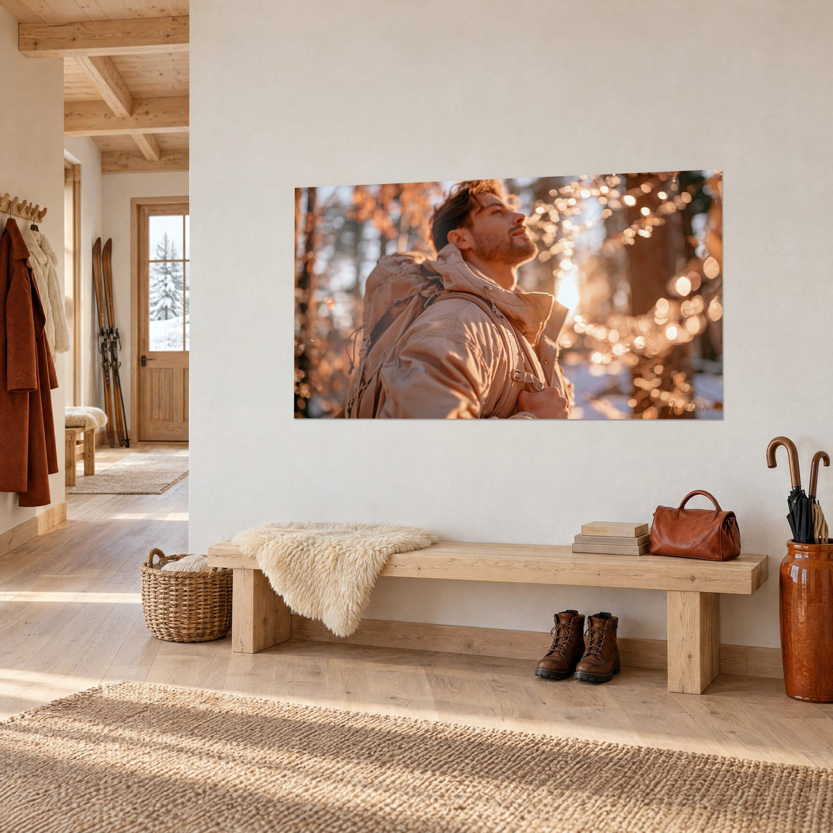 Gemälde eines Bergsteigers in sandfarbener Jacke, der den Morgen betrachtet, Kiefernwald in Orange und Braun, schräg an einer weißen Chalet-Wand aufgehängt