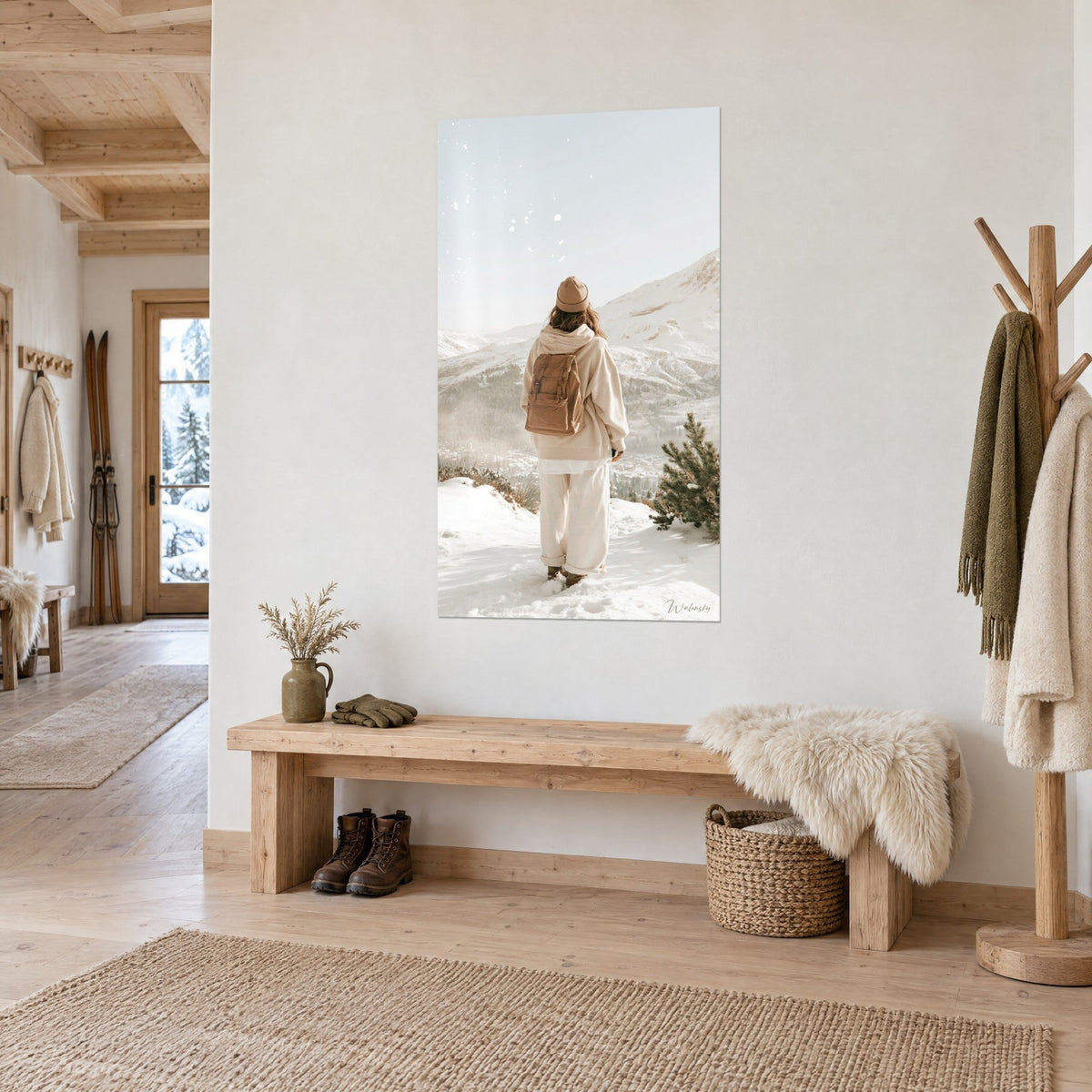 Tableau marcheuse en anorak beige et pantalon blanc cassé dans la neige, pin enneigé à droite, au-dessus d'un banc en bois d'un chalet