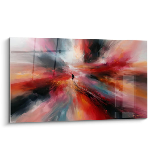 Tableau Randonneur solitaire aux tourbillons rouge et gris - Chemin en fusion picturale - Edition Randonnée
