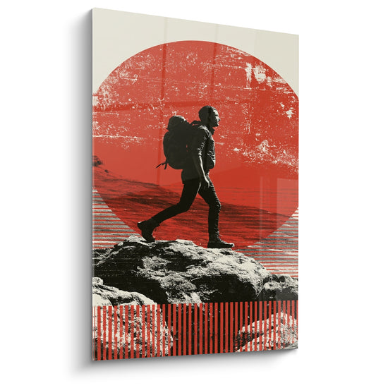 Tableau Randonneur noir au disque rouge texturé - Foulée sur la roche - Edition Randonnée