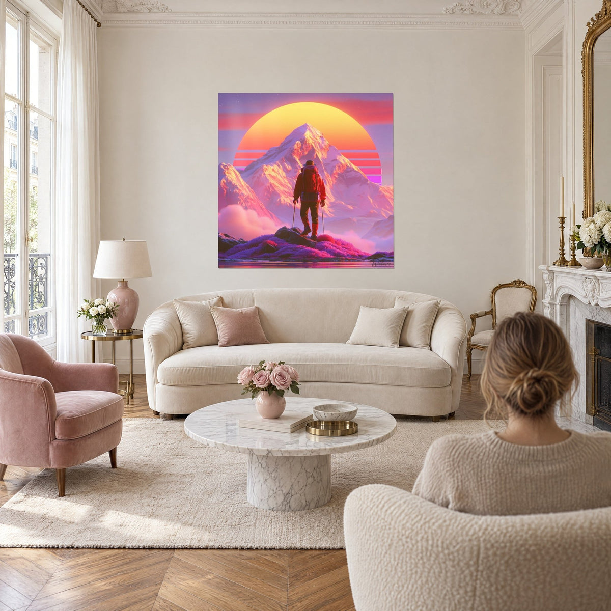 Tableau randonneur au sac rouge face à une montagne enneigée rose et à un soleil jaune, au-dessus d'un canapé dans un salon lumineux