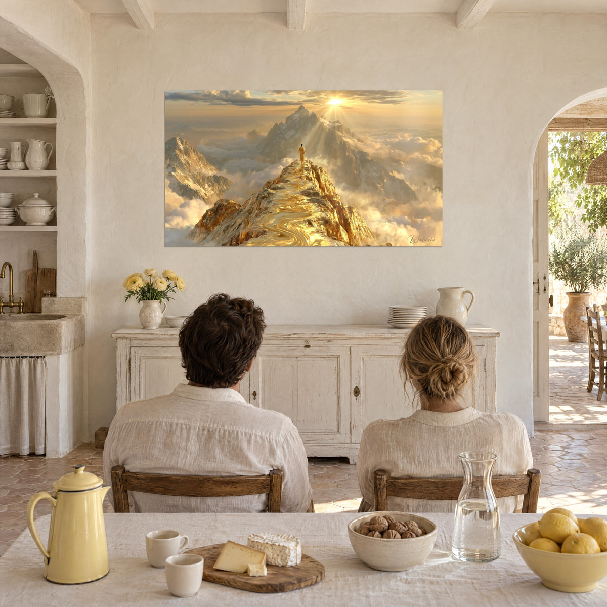 Schilderij wandelaar van achteren op de gouden kam, stralen van bleekgeel zonlicht en roze nevel, stel aan tafel tegenover de witgekalkte muur van een Provençaalse boerderij