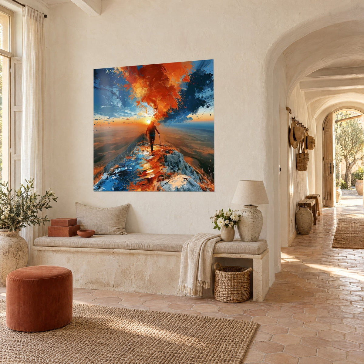 Wall art walker with a walking stick on a glacier-blue rock trail, blazing orange sky, three-quarter view in a vaulted hallway