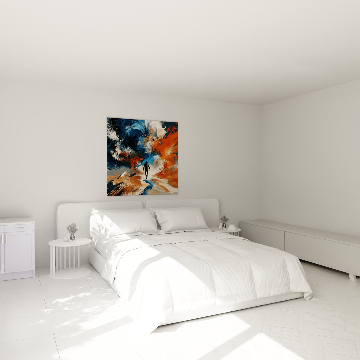 Marcheur cerné de bleu et d'orange, tableau randonnée au-dessus d'un lit dans une chambre claire
