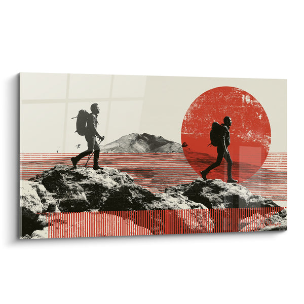 Tableau Randonneurs noirs sur rochers au disque rouge - Deux marcheurs en collage - Edition Randonnée