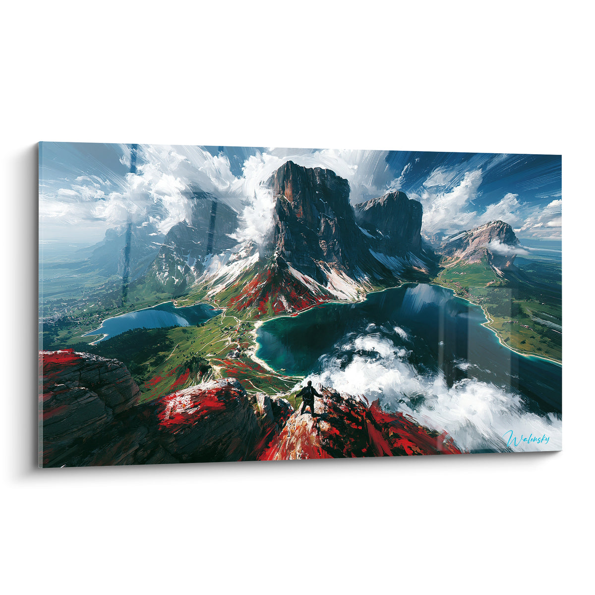 Randonneur au sommet rocheux rouge dominant des lacs bleu turquoise et montagnes grises