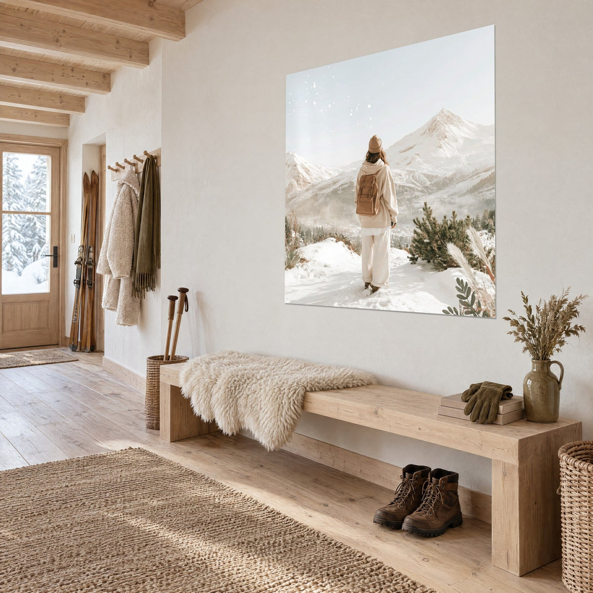 Tableau marcheuse au sac à dos brun sur un sentier poudré de neige, pic blanc et ciel pâle, entrée en bois clair de chalet