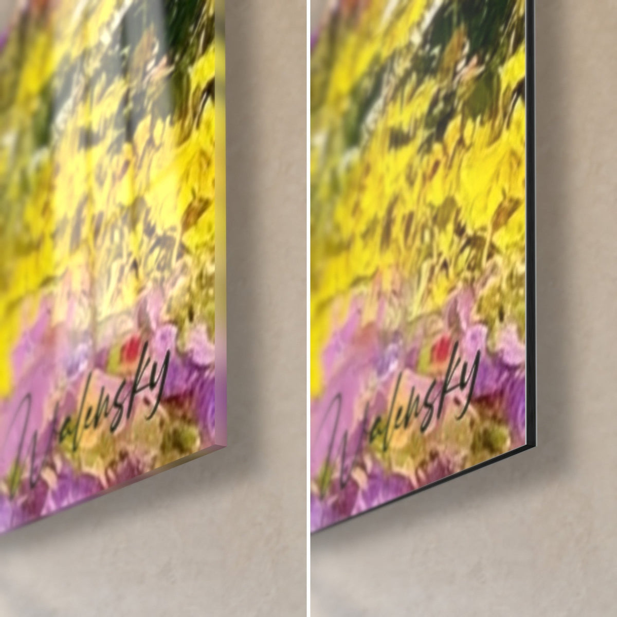 Cuadro de un excursionista en un sendero de montaña, esquina inferior derecha: flores amarillas y malvas, cristal brillante y aluminio Dibond mate