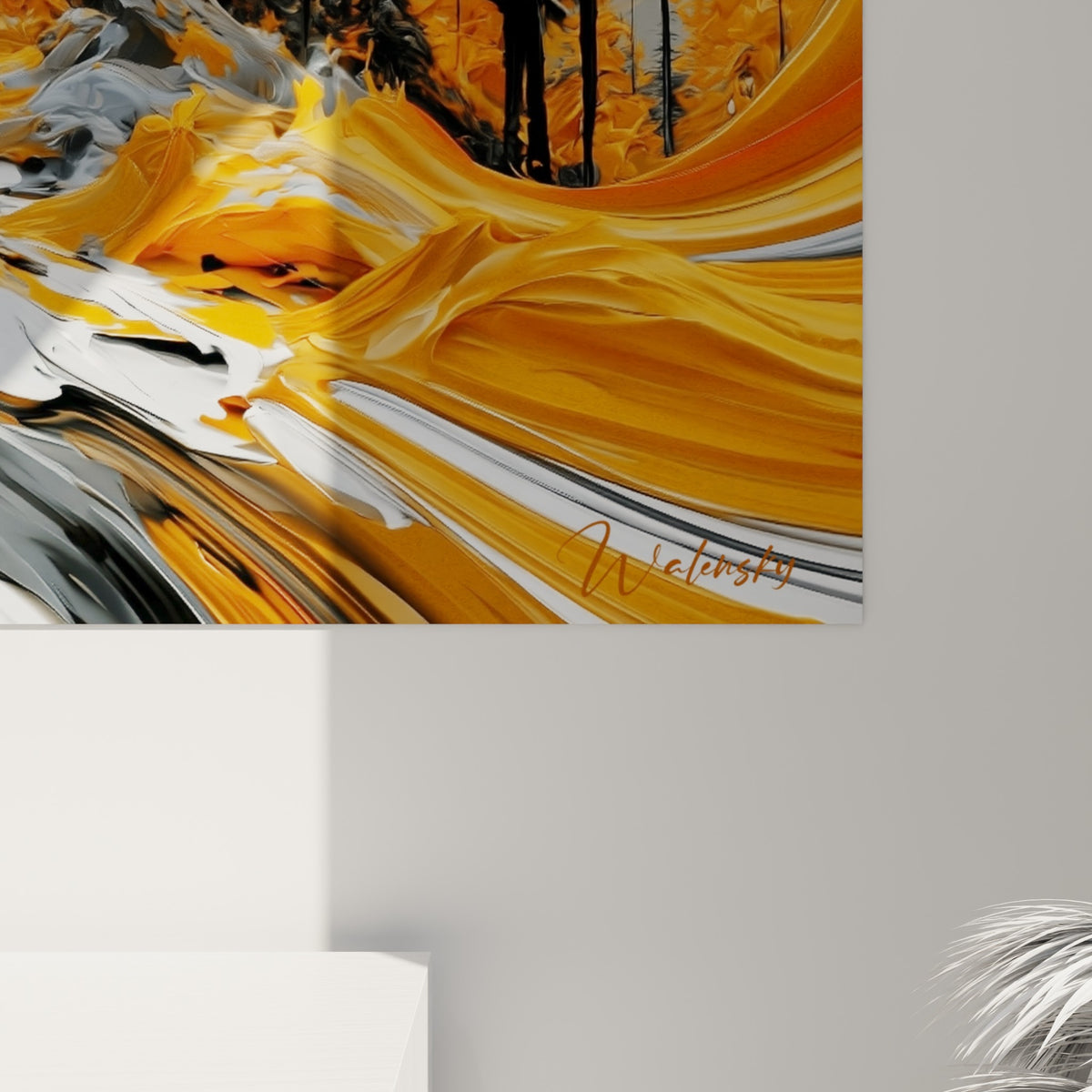 Matière picturale épaisse en gros plan, coulures ocre et blanches se mêlant aux traits anthracite du tableau randonnée