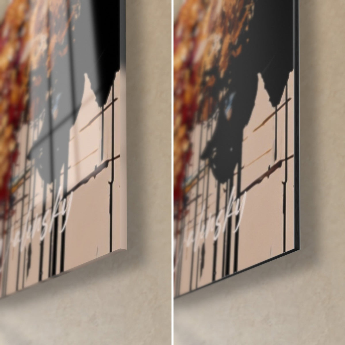 Tableau voyageurs à l'appareil photo, coin bas droit : verre brillant à gauche, alu Dibond mat à droite, tranche de 3 mm