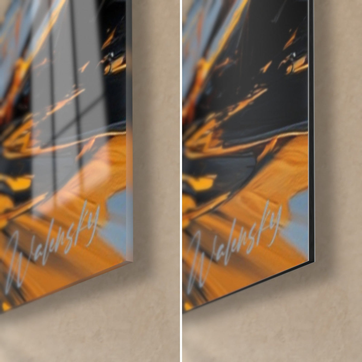 Tableau randonneur en montagne, coin bas droit : verre acrylique brillant et reflets à gauche, Dibond noir mat à droite, tranche de 3 mm