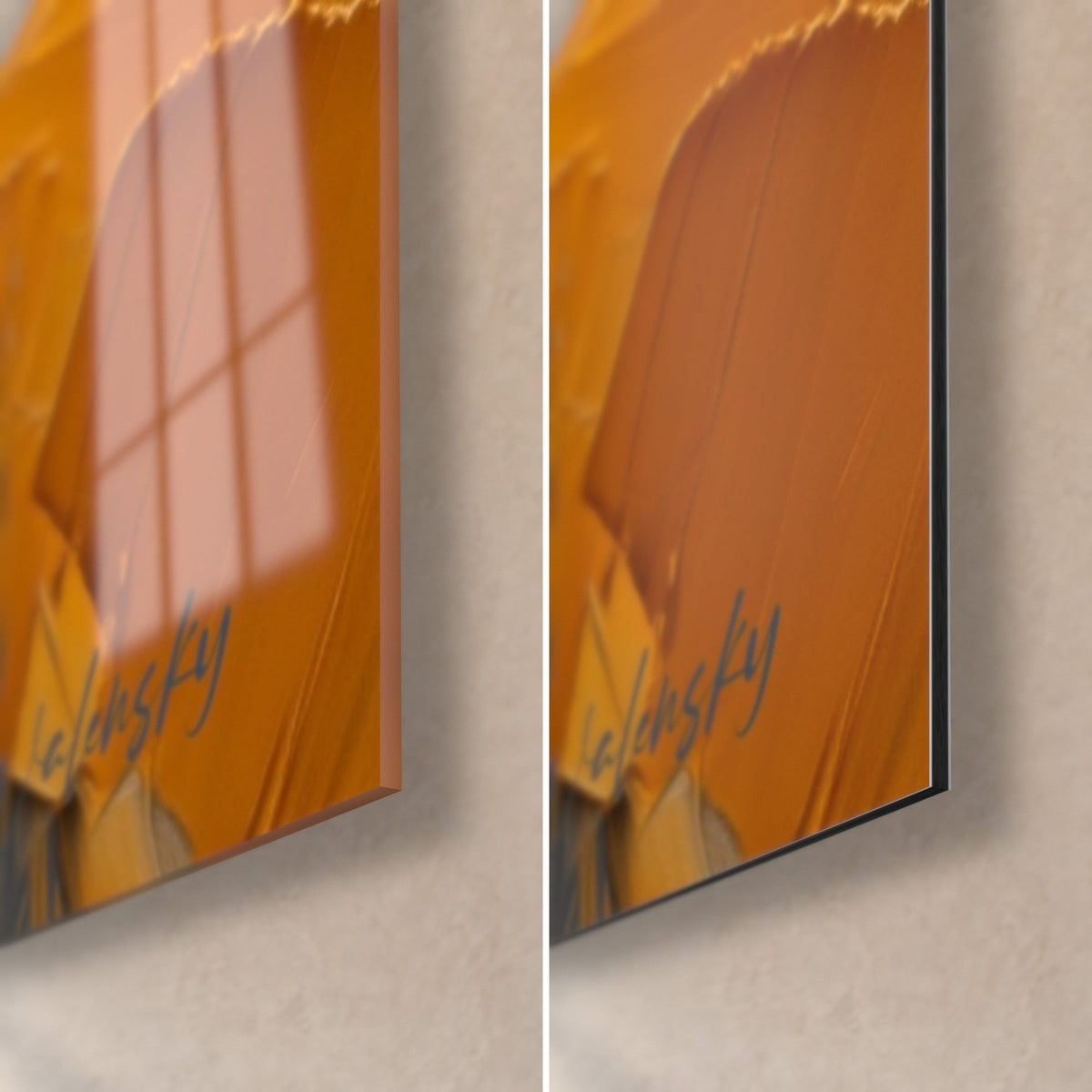 Tableau promeneur et chien en peinture épaisse jaune ocre, coin bas droit : verre brillant à reflets, alu Dibond mat, tranche 3 mm