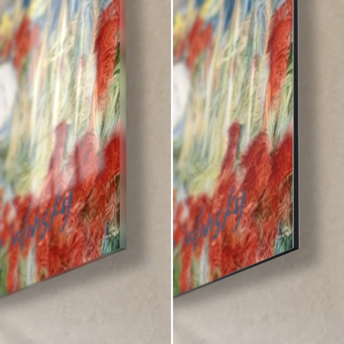 Gemälde blau-roter Wanderschuh, untere rechte Ecke, leuchtend rote Blüten im Relief, glänzendes Acrylglas links, matte Dibond-Alu rechts