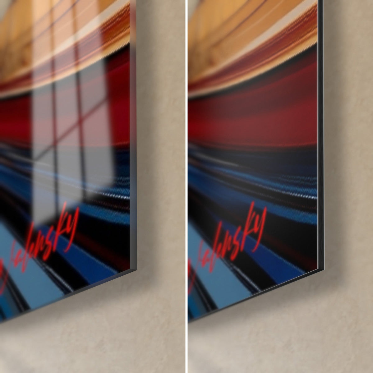Gemälde eines Spaziergängers mit Wanderstöcken, rote Walensky-Signatur unten rechts: links glänzendes Acrylglas, rechts mattes Dibond