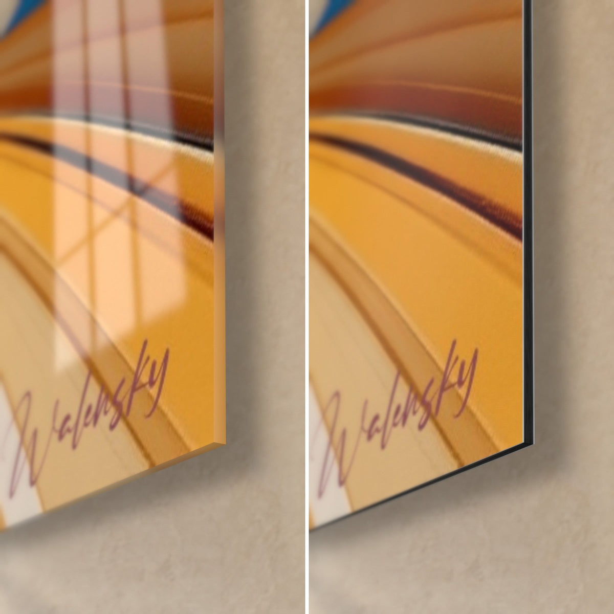 Tableau promeneur en rouge, coin bas droit : verre acrylique brillant et Dibond noir mat, signature Walensky sur fond ocre