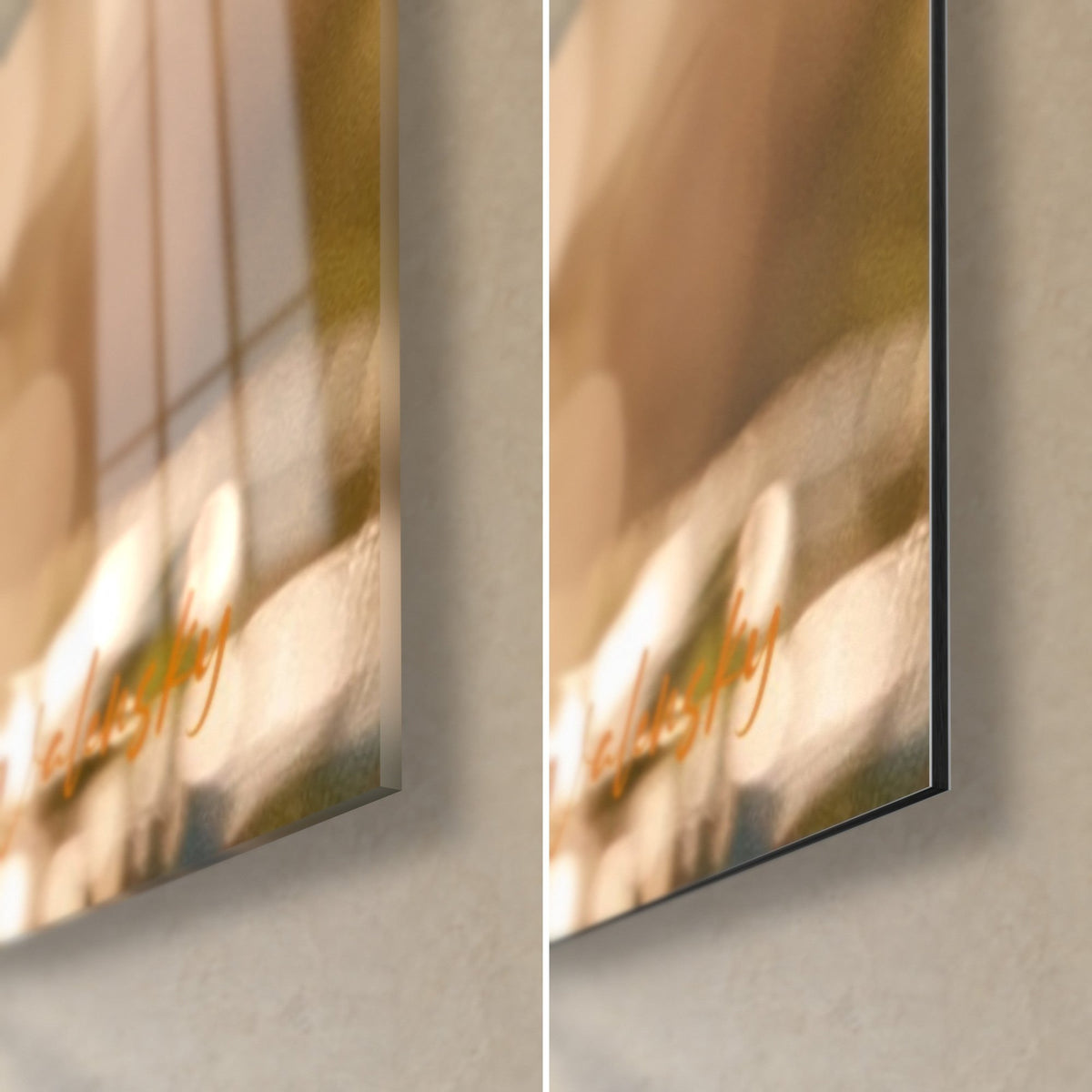Wall art trio of hikers in golden light, bottom right corner: glossy glass on the left, matte black Dibond aluminum on the right
