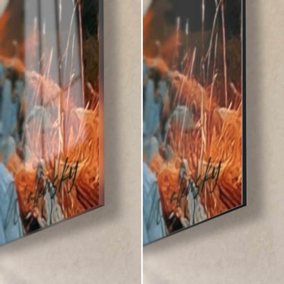 Wall art mountaineer on a rocky ridge, bottom right corner: bright blue and orange bursts under glass, matte Dibond, 3 mm edge