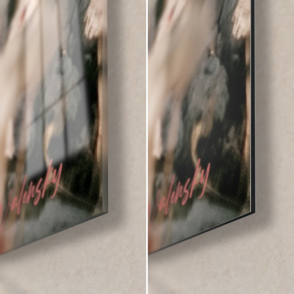 Wall art hiker in a white dress, bottom right corner: glossy glass with reflections, matte black Dibond aluminium, pink signature, 3 mm edge
