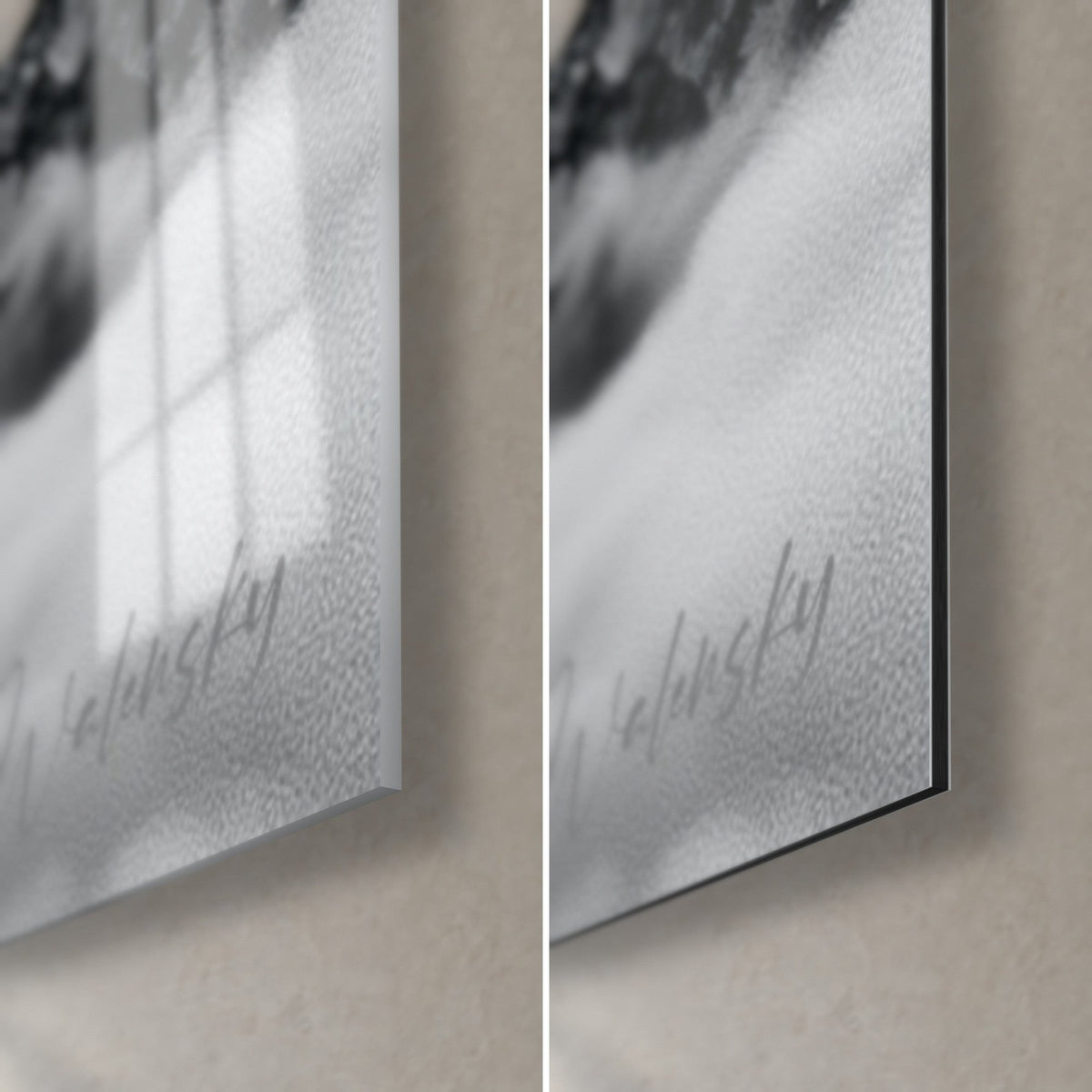 Gemälde alpines Massiv in Schwarzweiß, untere rechte Ecke: glänzendes Acrylglas links, mattgraues Dibond-Aluminium rechts, 3 mm Kantenstärke