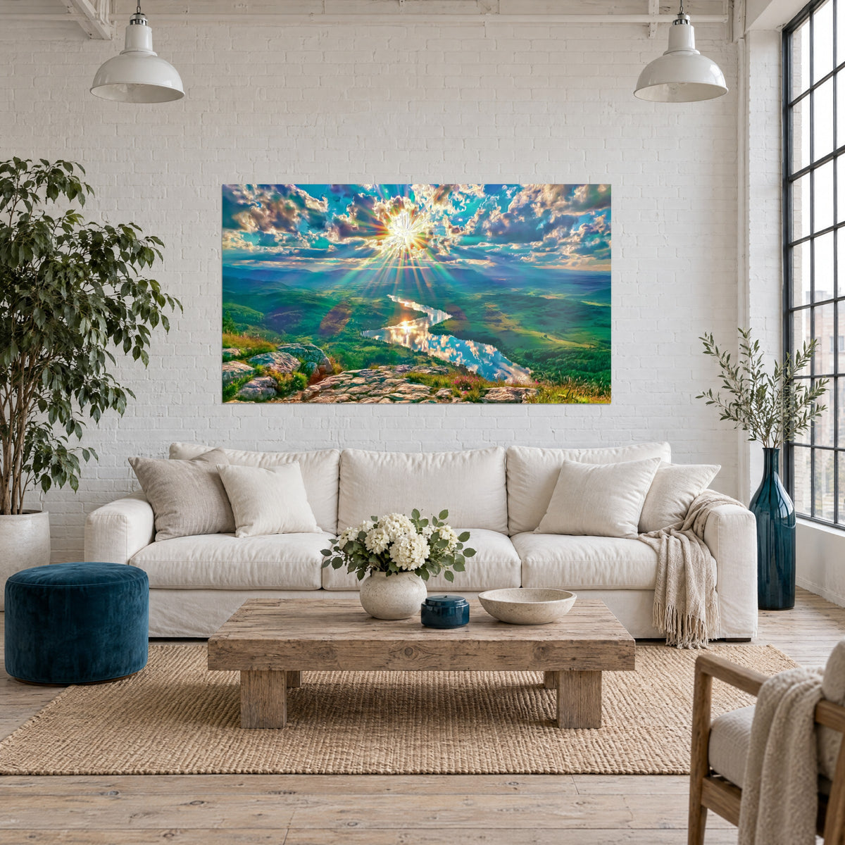 Wall art rocky peak overlooking emerald valleys, brilliant sun and silver river, above a sofa in a bright living room