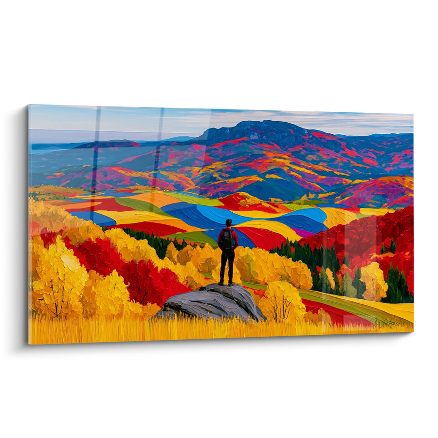 Tableau Randonneur sur rocher gris aux champs multicolores - Vallée en patchwork - Edition Randonnée