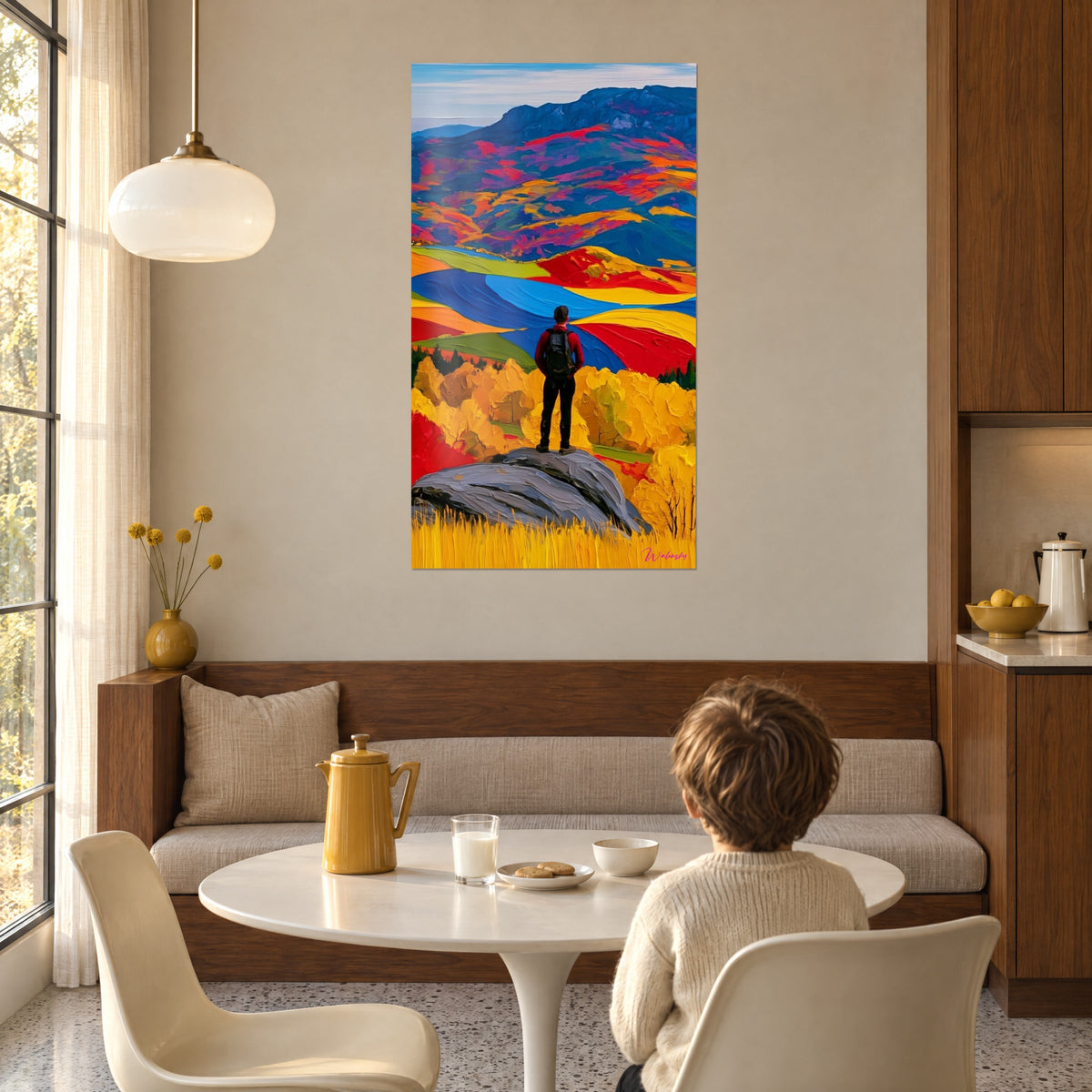Schilderij silhouet in rode trui op een top, lappendeken van blauwe en rode velden, opgehangen in een woonkamer met een kind aan tafel