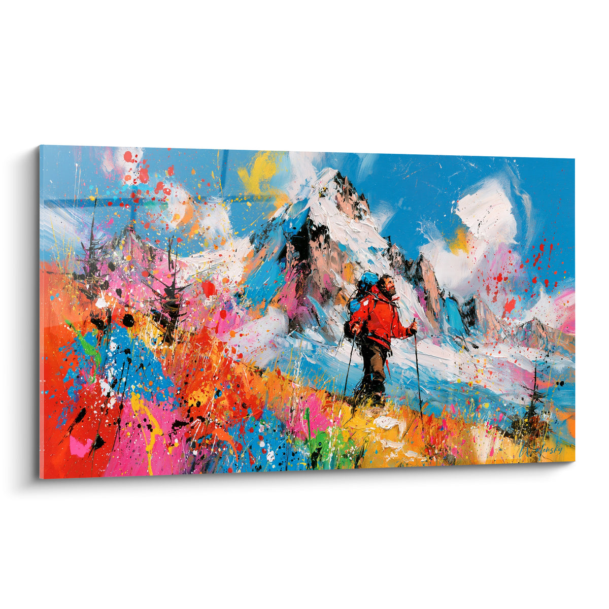 Tableau randonneur en veste rouge gravissant un sentier face à un sommet rose et bleu éclaboussé de peinture