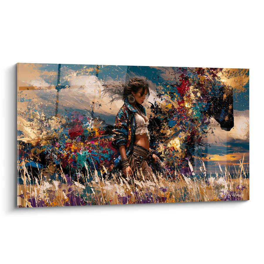 Tableau Voyageuse tenant un cheval noir aux herbes dorées - Liberté sauvage - Edition Randonnée