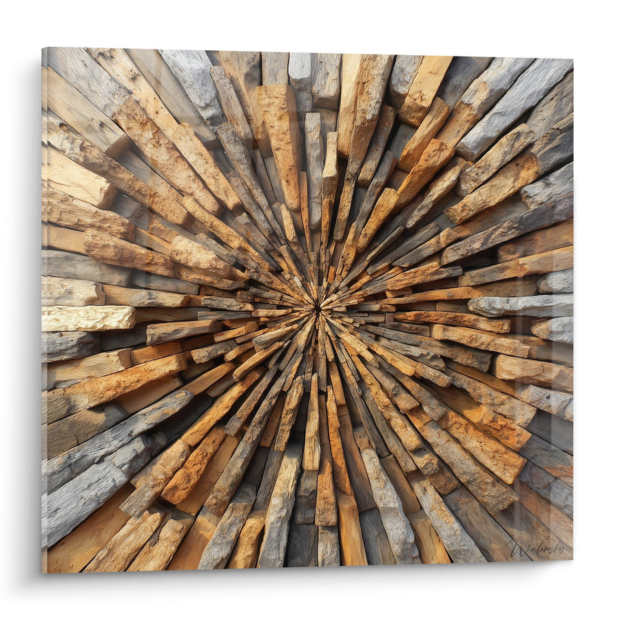 Tableau Rayonnement de Bois Naturel en Perspective Radiale - Énergie Centrifuge - Edition Feng shui Est Bois