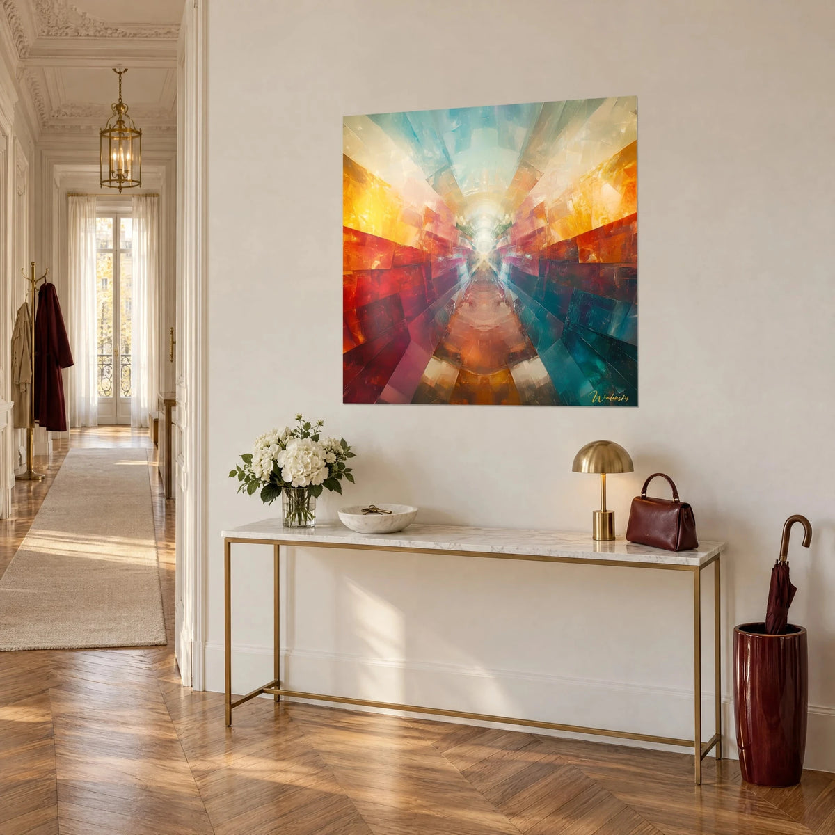 Wall art with a symmetrical perspective of saffron yellow and teal crystalline panels, on a Haussmann-style wall beside a gilded console