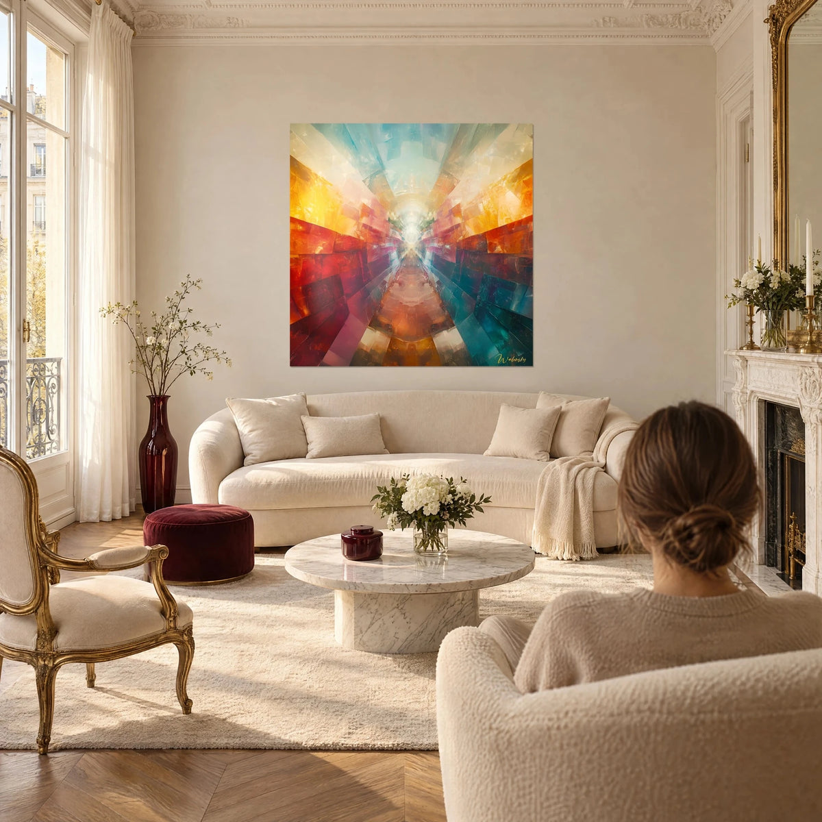 Wall art with a tunnel of amber, ruby and turquoise facets converging on a luminous point, above a sofa in a bright living room