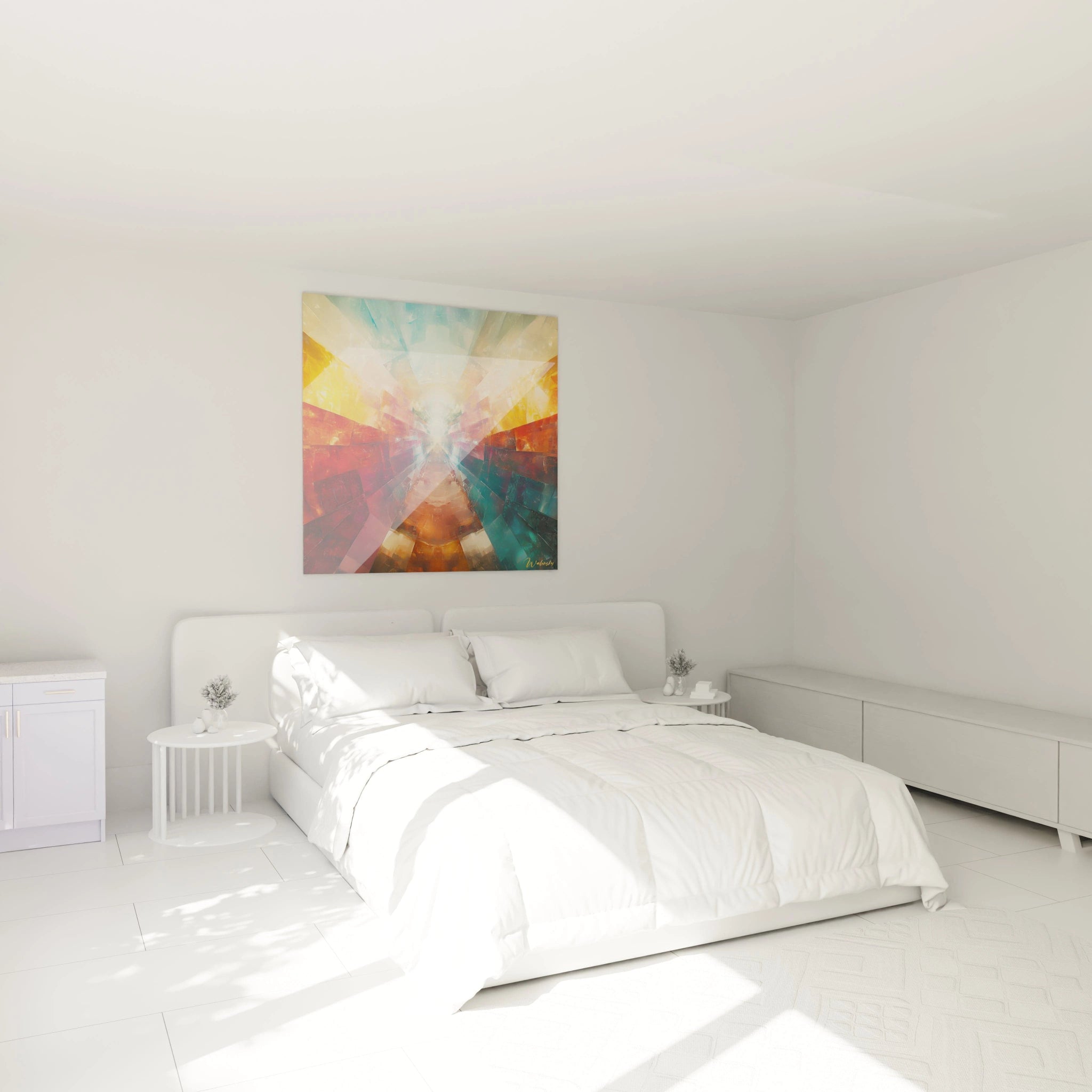 Tableau géométrique abstrait de Walensky, aux couleurs vives, décorant une chambre lumineuse
