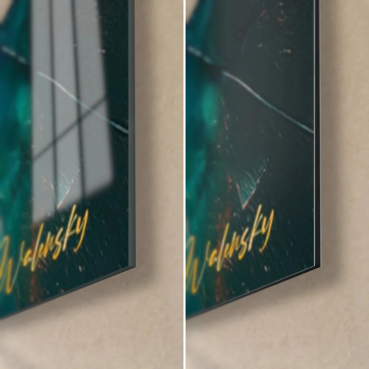 Wall art with abstract orange and turquoise bursts, bottom right detail: glossy glass on the left, matte Dibond on the right, 3 mm edge