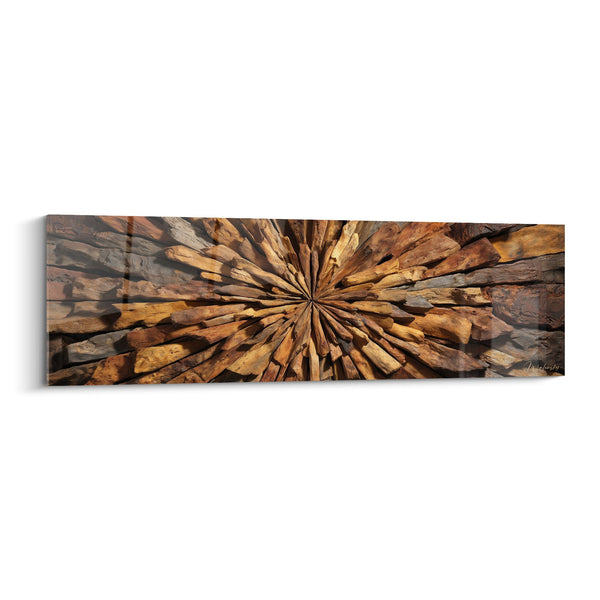 Cuadro rayos de madera escultóricos en abanico dorado y marrón - Explosión Natural - Edición Feng shui Este Madera