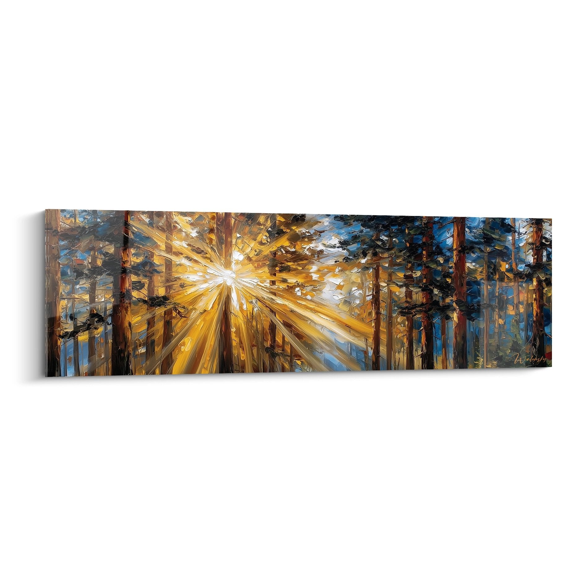 Tableau rayons de soleil traversant forêt avec lumière dorée et arbres impressionnistes