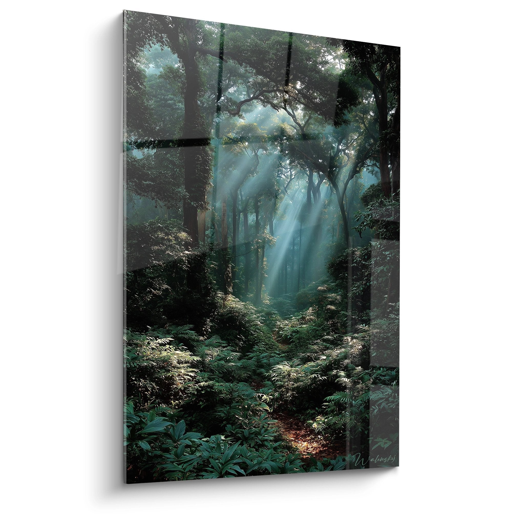 Tableau mural rayons de soleil perçant à travers la forêt mystique avec lumière divine et végétation luxuriante