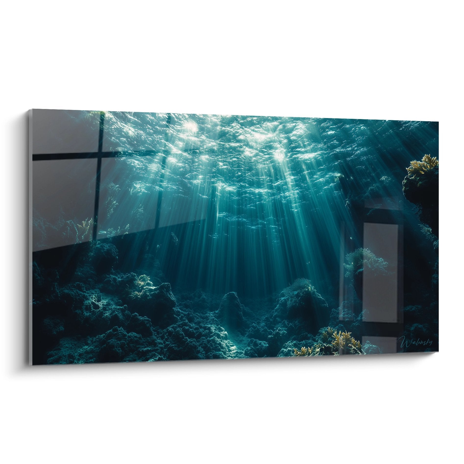 Tableau mural rayons soleil sous-marins avec coraux et formations rocheuses dans eau turquoise