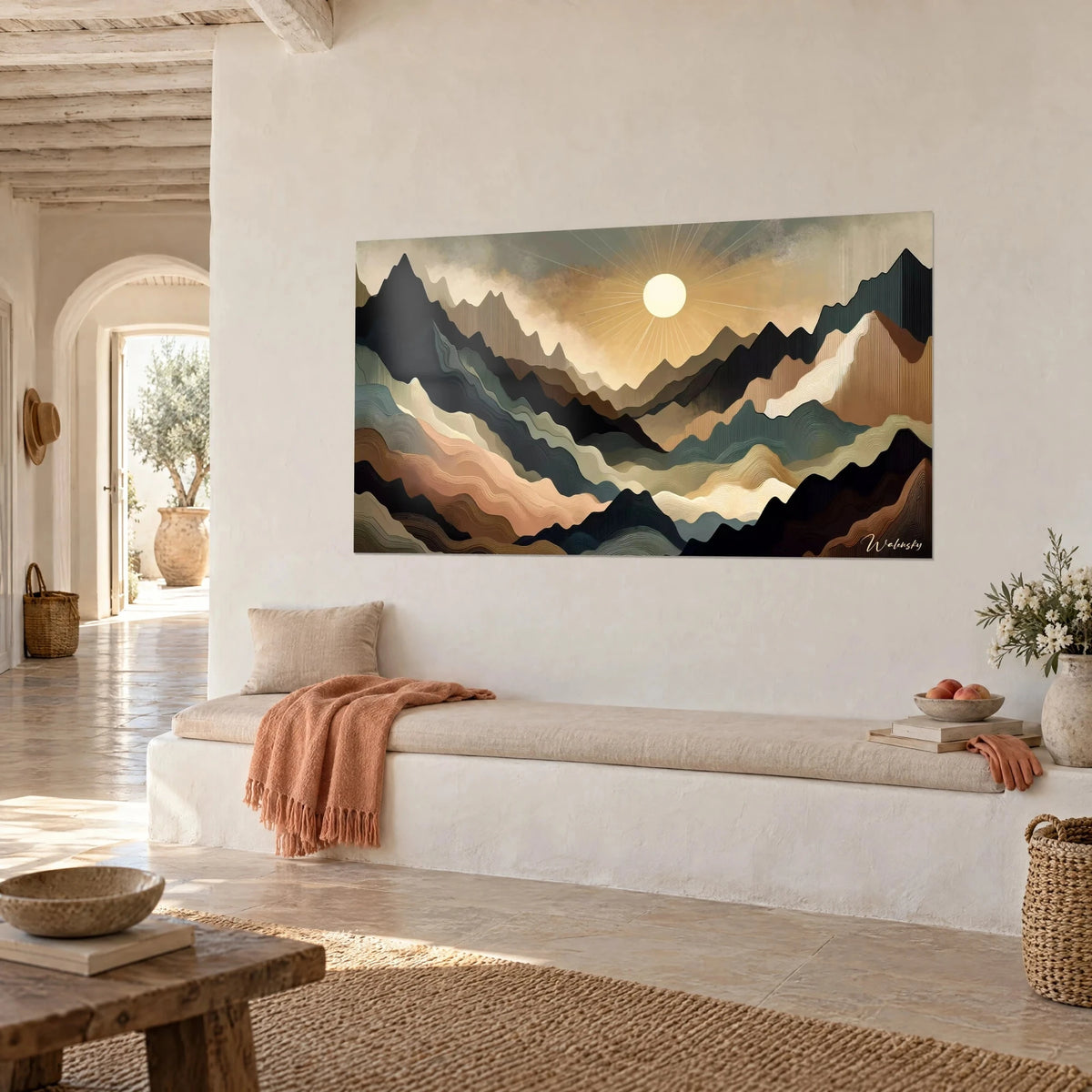 Wall art of a stylized mountain range in sage green and terracotta layers, three-quarter view on a white wall