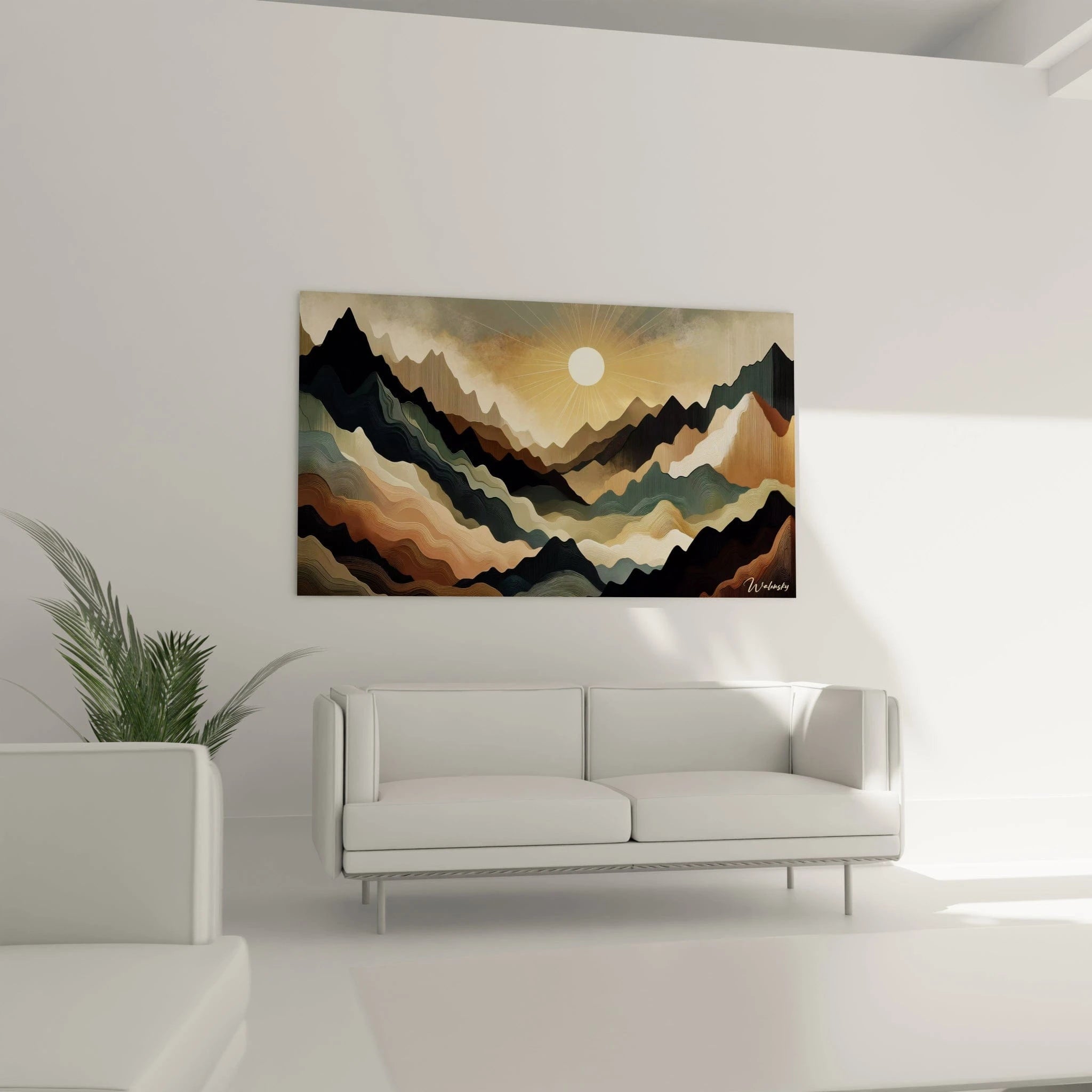 Un tableau abstrait de relief topographique stylisé. Les couleurs principales sont noir charbon, vert de gris, beige ambré et brun sépia. La texture montre des formes montagneuses constituées de multiples lignes ondoyantes concentriques évoquant des courbes de niveau cartographiques, avec un soleil éclatant diffusant sa lumière au-dessus des crêtes.
